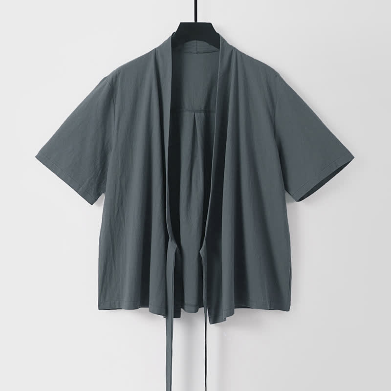 Buddha Stones Kimono da uomo estivo, casual, minimalista, a maniche corte, tinta unita, con lacci e apertura frontale, in cotone e lino. - Grigio tenue - US/UK/AU54, EU64 (9XL) - image 0