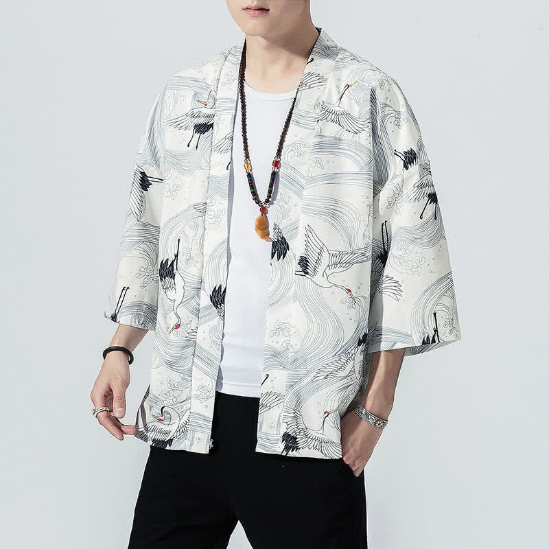 Buddha Stones Kimono da uomo estivo casual vintage con apertura frontale e stampa a onde e gru. - image 12