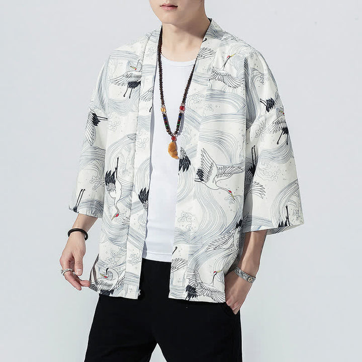Buddha Stones Kimono da uomo estivo casual vintage con apertura frontale e stampa a onde e gru. - image 12