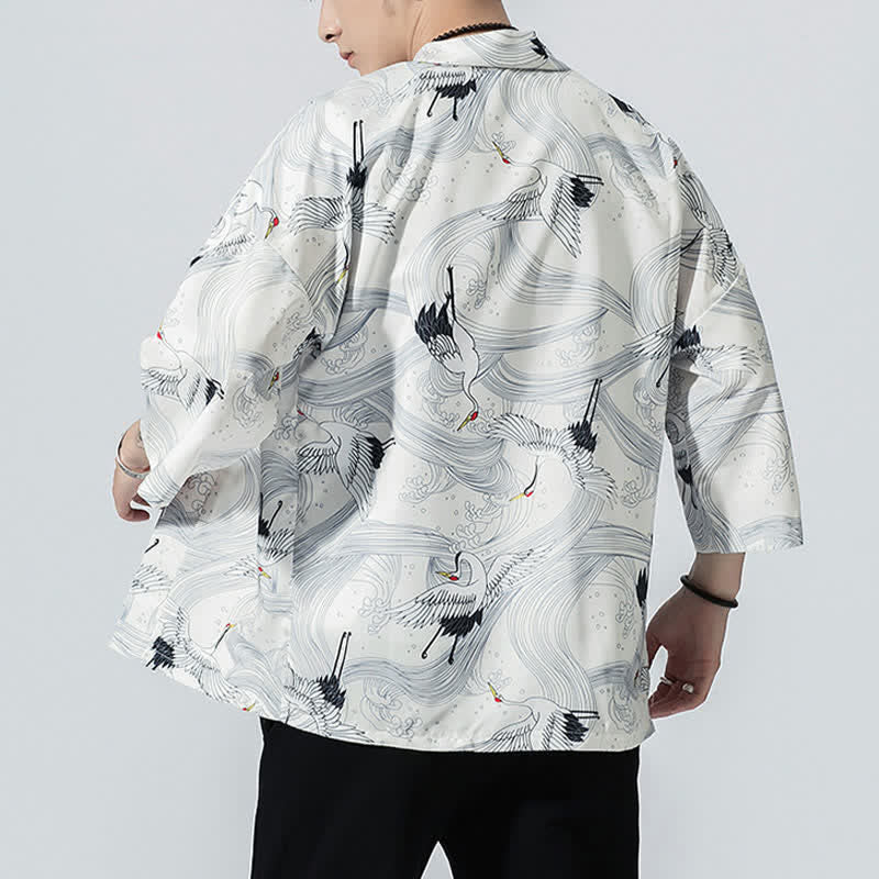 Buddha Stones Kimono da uomo estivo casual vintage con apertura frontale e stampa a onde e gru. - image 14