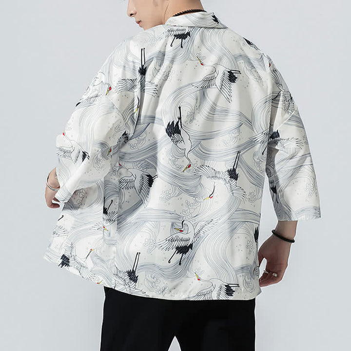 Buddha Stones Kimono da uomo estivo casual vintage con apertura frontale e stampa a onde e gru. - image 14