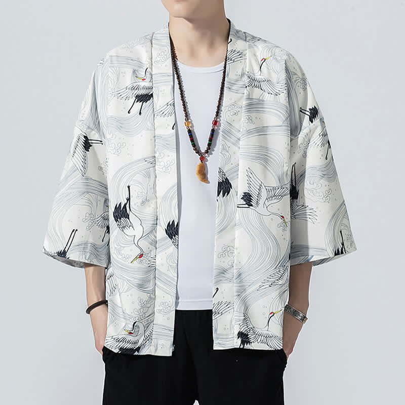 Buddha Stones Kimono da uomo estivo casual vintage con apertura frontale e stampa a onde e gru. - Bianco - US/UK/AU46, EU56 (5XL) - image 10