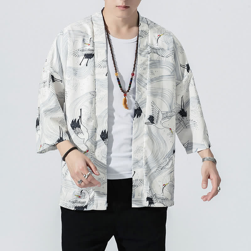 Buddha Stones Kimono da uomo estivo casual vintage con apertura frontale e stampa a onde e gru. - image 11