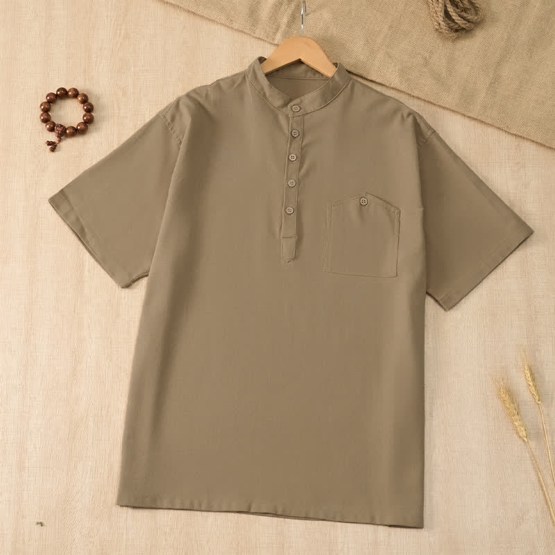 Buddha Stones Camicia da uomo estiva casual a maniche corte con colletto alla coreana e taschino, in stile Tang. - Tan - US/UK/AU42, EU52 (3XL) - image 0
