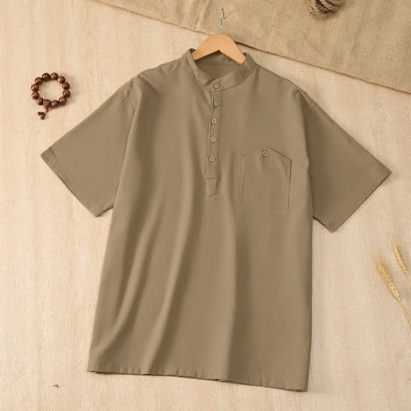 Buddha Stones Camicia da uomo estiva casual a maniche corte con colletto alla coreana e taschino, in stile Tang. - image 3