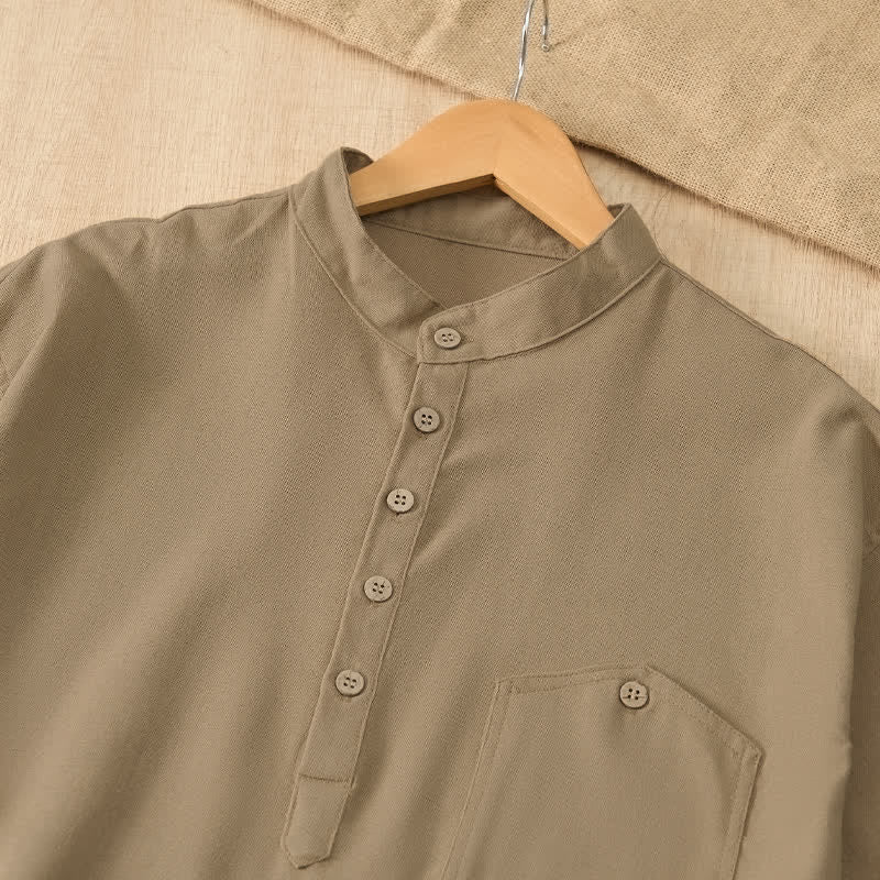 Buddha Stones Camicia da uomo estiva casual a maniche corte con colletto alla coreana e taschino, in stile Tang. - image 4
