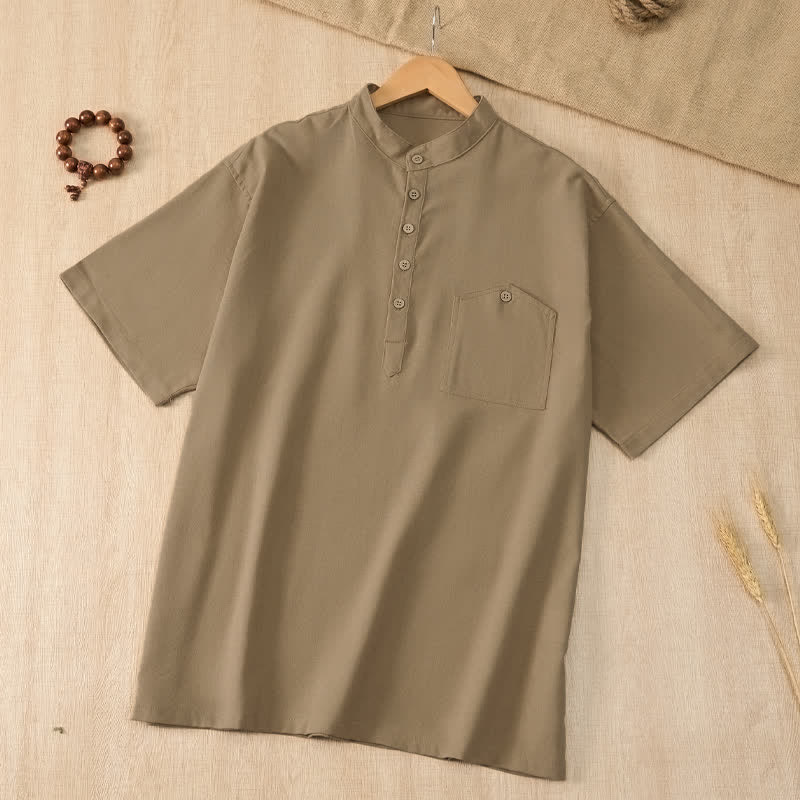 Buddha Stones Camicia da uomo estiva casual a maniche corte con colletto alla coreana e taschino, in stile Tang. - image 2