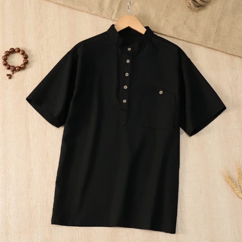 Buddha Stones Camicia da uomo estiva casual a maniche corte con colletto alla coreana e taschino, in stile Tang. - image 12