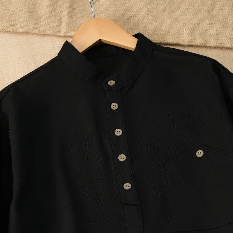 Buddha Stones Camicia da uomo estiva casual a maniche corte con colletto alla coreana e taschino, in stile Tang. - image 14