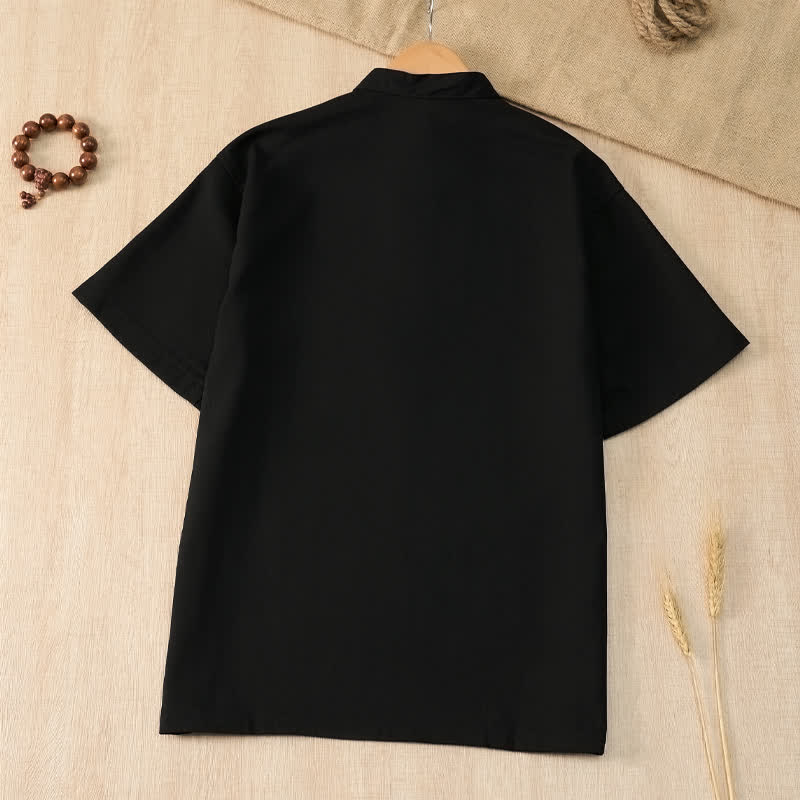 Buddha Stones Camicia da uomo estiva casual a maniche corte con colletto alla coreana e taschino, in stile Tang. - image 11