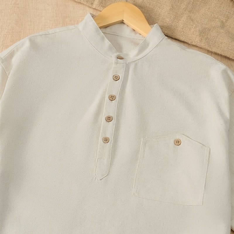 Buddha Stones Camicia da uomo estiva casual a maniche corte con colletto alla coreana e taschino, in stile Tang. - image 22