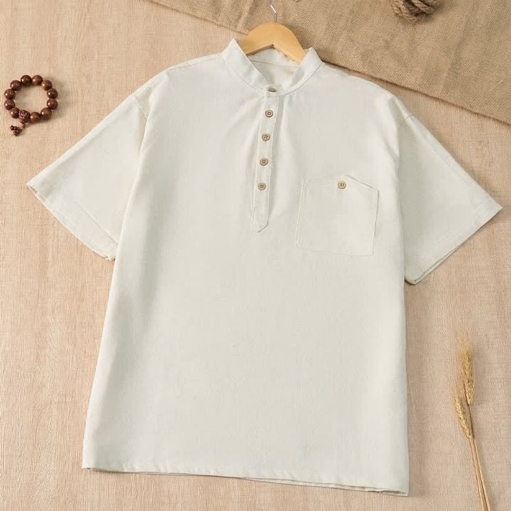 Buddha Stones Camicia da uomo estiva casual a maniche corte con colletto alla coreana e taschino, in stile Tang. - Bianco - US/UK/AU42, EU52 (3XL) - image 27