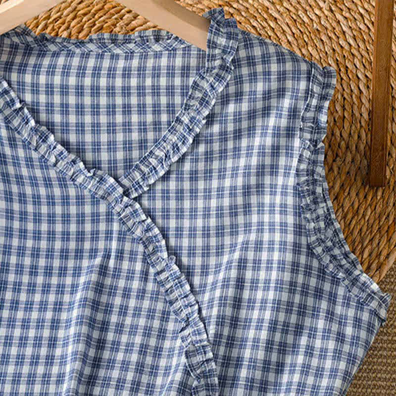 Buddha Stones Canotta estiva casual vintage con volant e scollo a V a quadri da donna, senza maniche - image 4