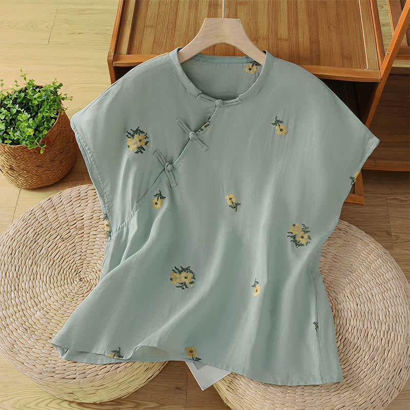 Buddha Stones Canotta estiva casual da donna con colletto alla coreana e ricami floreali. - Blu fiordaliso - US12, UK/AU16, EU44 (2XL) - image 8