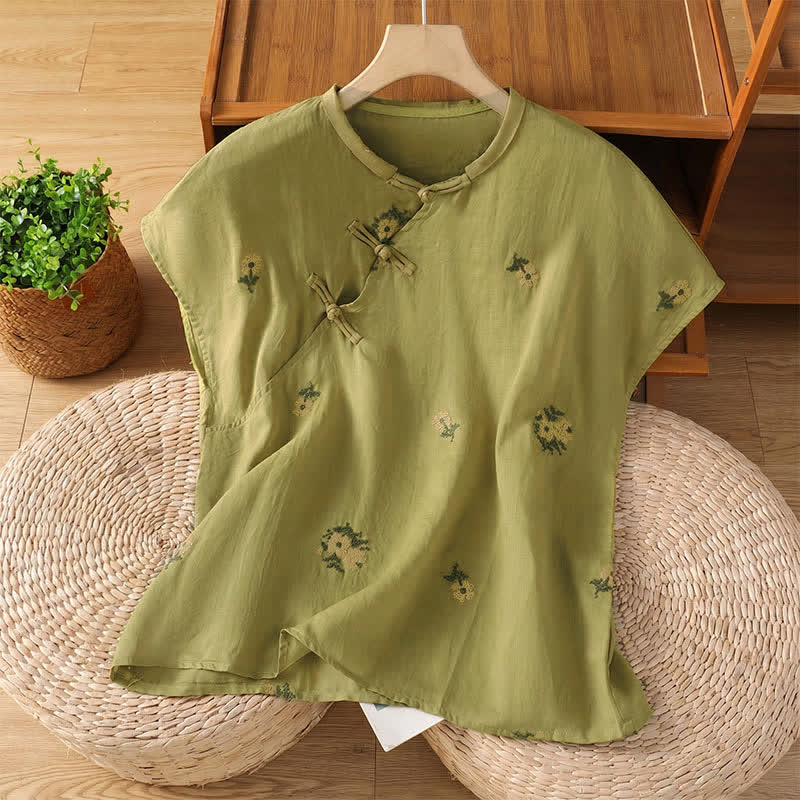 Buddha Stones Canotta estiva casual da donna con colletto alla coreana e ricami floreali. - Verde oliva - US12, UK/AU16, EU44 (2XL) - image 15