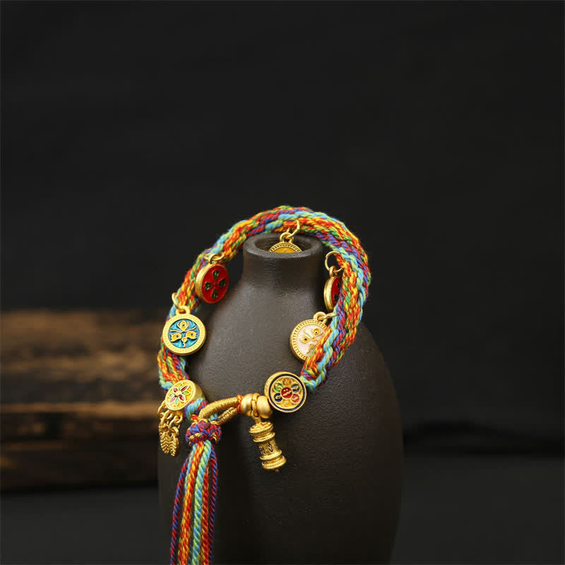 Buddha Stones Braccialetto con nappe e cordino intrecciato arcobaleno Om Mani Padme Hum Wisdom - image 2