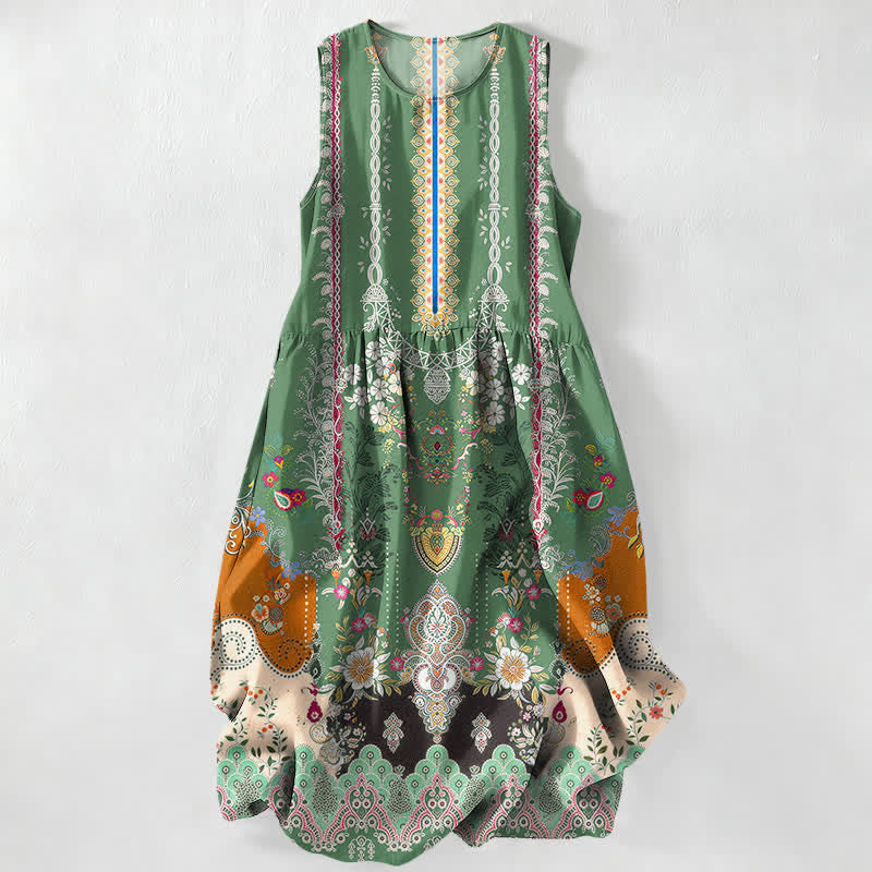 Buddha Stones Abito midi estivo casual da donna con motivo floreale vintage a medaglioni e foglie, senza maniche e con tasche. - Verde studentesco - US16, UK/AU20, EU48 (3XL) - image 4
