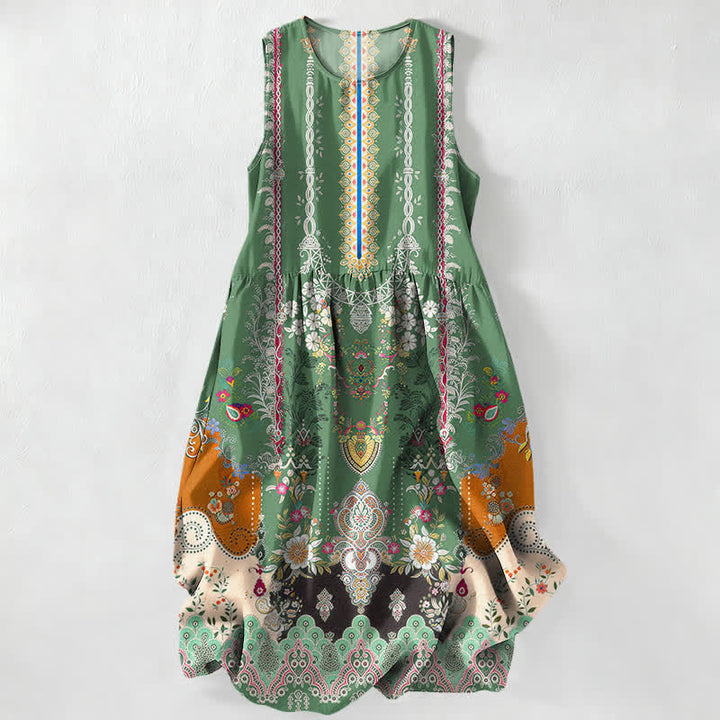 Buddha Stones Abito midi estivo casual da donna con motivo floreale vintage a medaglioni e foglie, senza maniche e con tasche. - Verde studentesco - US16, UK/AU20, EU48 (3XL) - image 4
