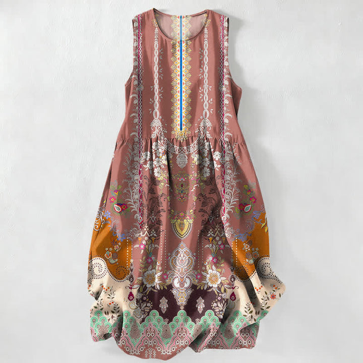 Buddha Stones Abito midi estivo casual da donna con motivo floreale vintage a medaglioni e foglie, senza maniche e con tasche. - Rosa chiaro - US16, UK/AU20, EU48 (3XL) - image 5