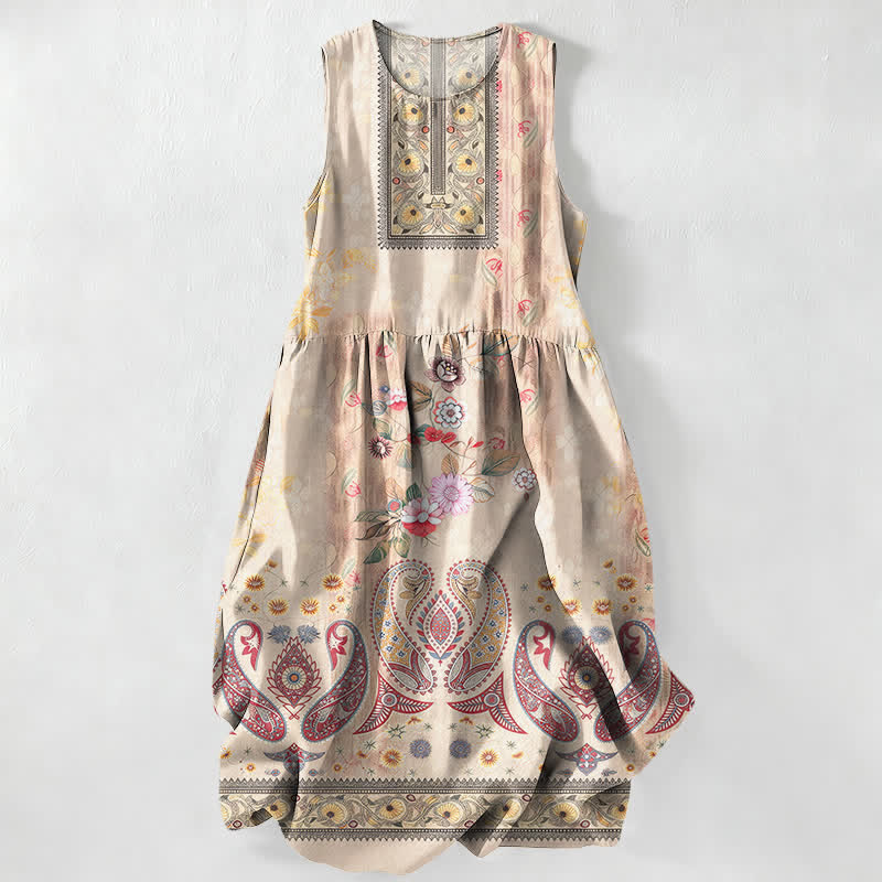 Buddha Stones Abito midi estivo casual da donna con motivo floreale vintage a medaglioni e foglie, senza maniche e con tasche. - OldLace - US16, UK/AU20, EU48 (3XL) - image 0
