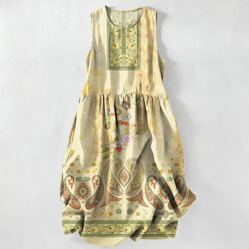 Buddha Stones Abito midi estivo casual da donna con motivo floreale vintage a medaglioni e foglie, senza maniche e con tasche. - Giallo - US16, UK/AU20, EU48 (3XL) - image 4