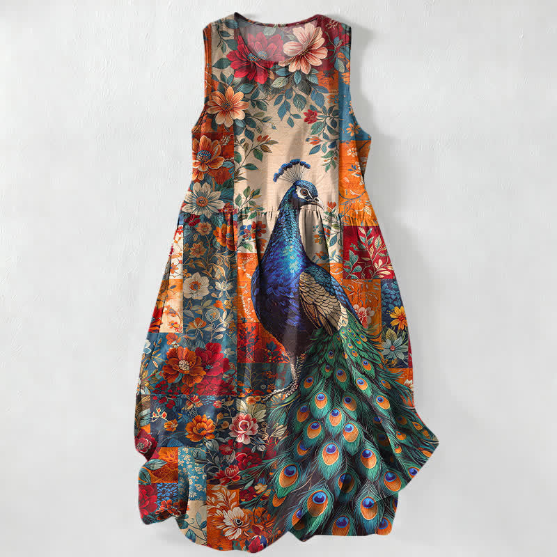 Buddha Stones Abito midi estivo casual da donna con motivo patchwork floreale e pavone. - Corallo - US16, UK/AU20, EU48 (3XL) - image 0