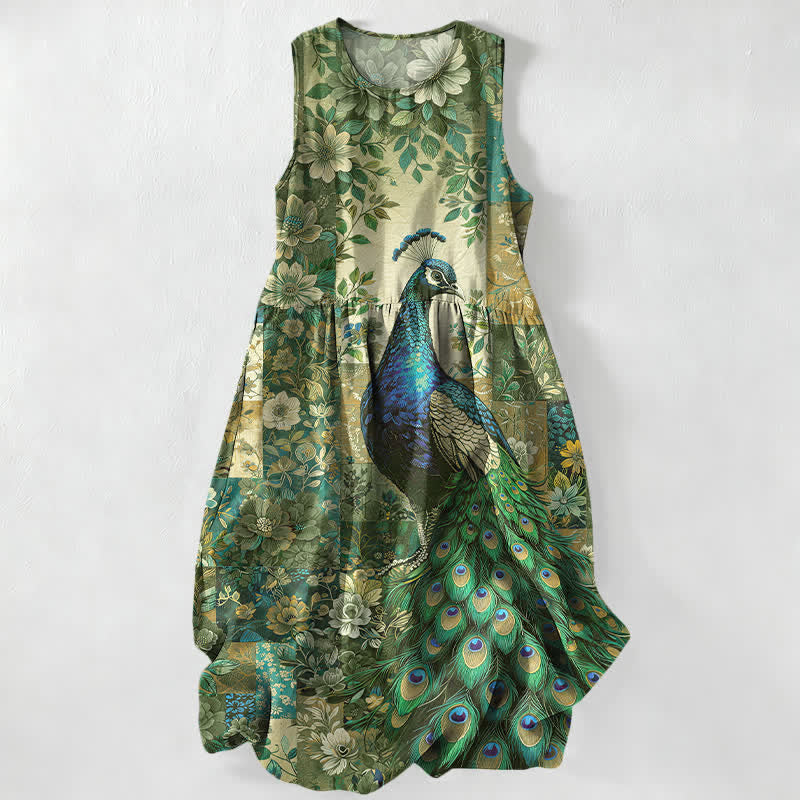 Buddha Stones Abito midi estivo casual da donna con motivo patchwork floreale e pavone. - Verde oliva - US16, UK/AU20, EU48 (3XL) - image 4