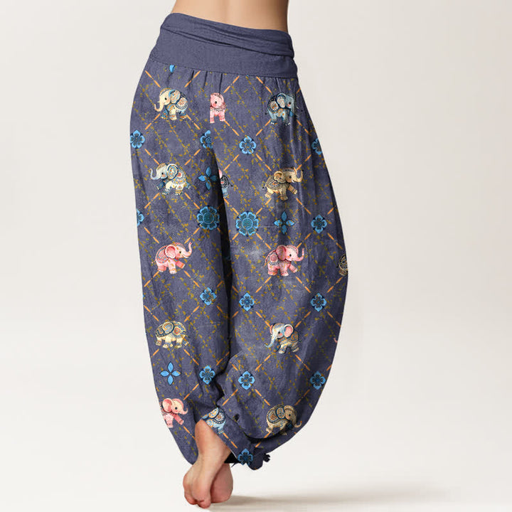 Buddha Stones Pantaloni harem da donna in cotone con motivo floreale e elefanti, con elastico in vita. - image 2