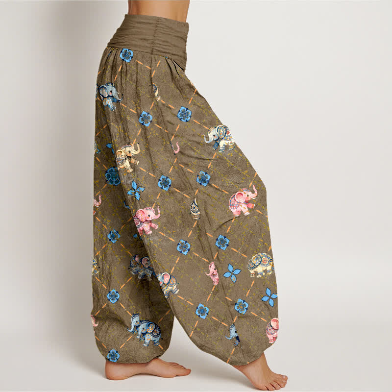 Buddha Stones Pantaloni harem da donna in cotone con motivo floreale e elefanti, con elastico in vita. - image 6