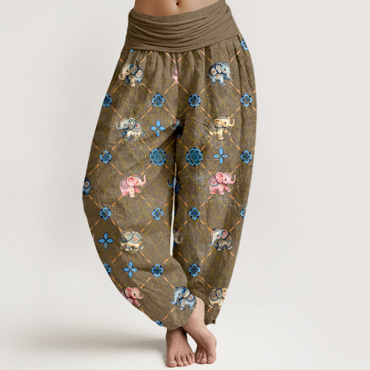 Buddha Stones Pantaloni harem da donna in cotone con motivo floreale e elefanti, con elastico in vita. - Verga d'oro scura - US16, UK/AU20, EU48 (3XL) - image 5
