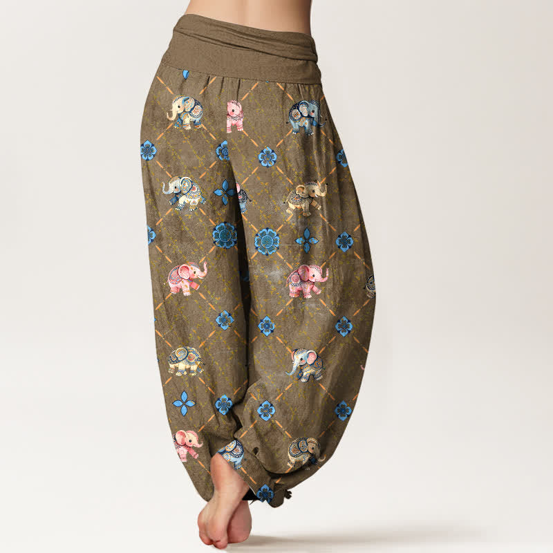 Buddha Stones Pantaloni harem da donna in cotone con motivo floreale e elefanti, con elastico in vita. - image 7
