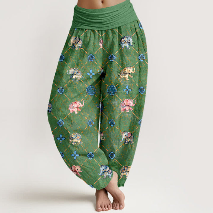 Buddha Stones Pantaloni harem da donna in cotone con motivo floreale e elefanti, con elastico in vita. - Verde - US16, UK/AU20, EU48 (3XL) - image 8
