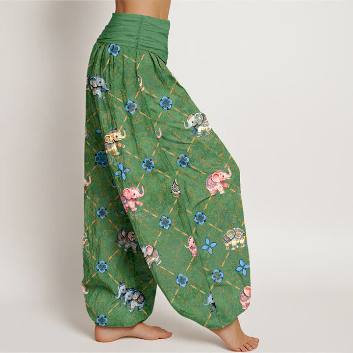 Buddha Stones Pantaloni harem da donna in cotone con motivo floreale e elefanti, con elastico in vita. - image 9