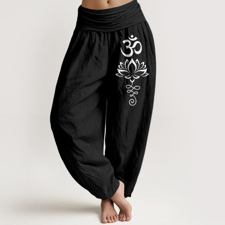 Buddha Stones Pantaloni harem da donna in puro cotone con motivo loto Om e vita elasticizzata. - Nero - US16, UK/AU20, EU48 (3XL) - image 0