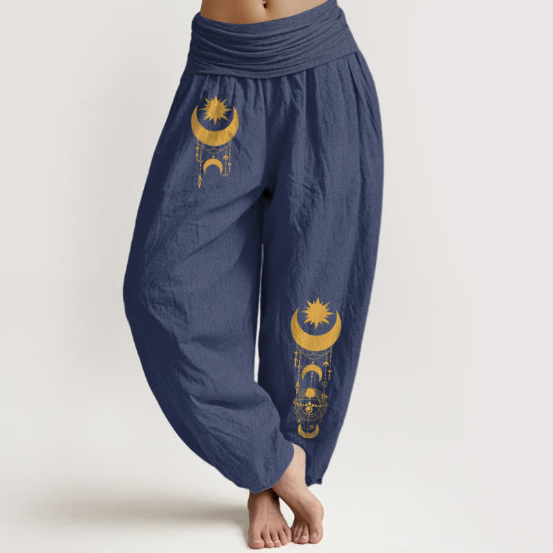 Buddha Stones Pantaloni harem da donna in puro cotone con motivo a mezzaluna dorata e stelle, con elastico in vita. - Blu ardesia scuro - US16, UK/AU20, EU48 (3XL) - image 8