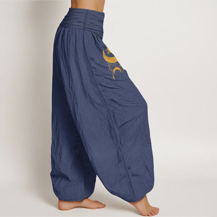 Buddha Stones Pantaloni harem da donna in puro cotone con motivo a mezzaluna dorata e stelle, con elastico in vita. - image 9