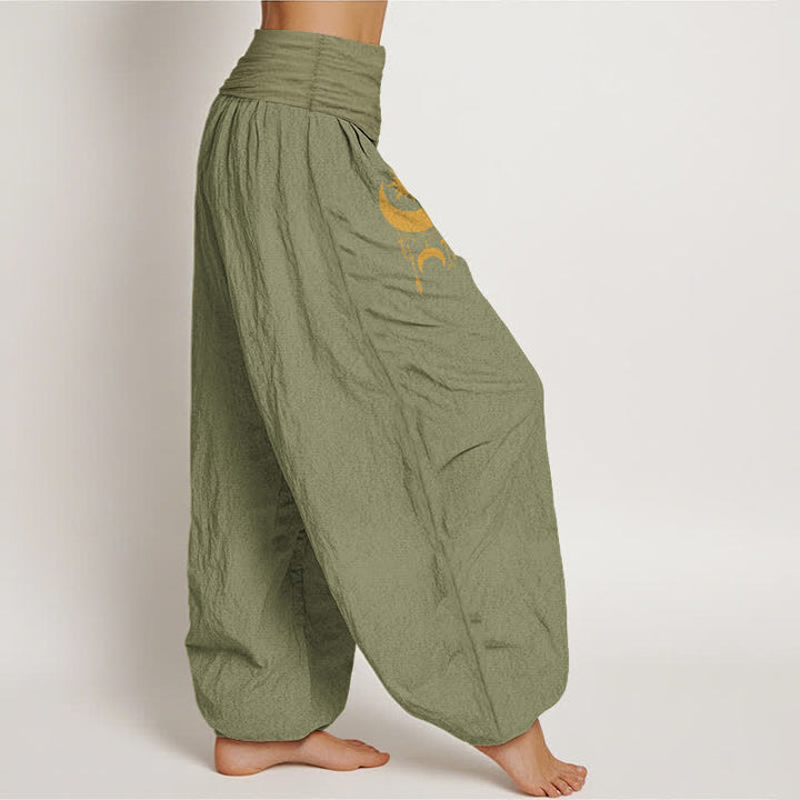 Buddha Stones Pantaloni harem da donna in puro cotone con motivo a mezzaluna dorata e stelle, con elastico in vita. - image 12
