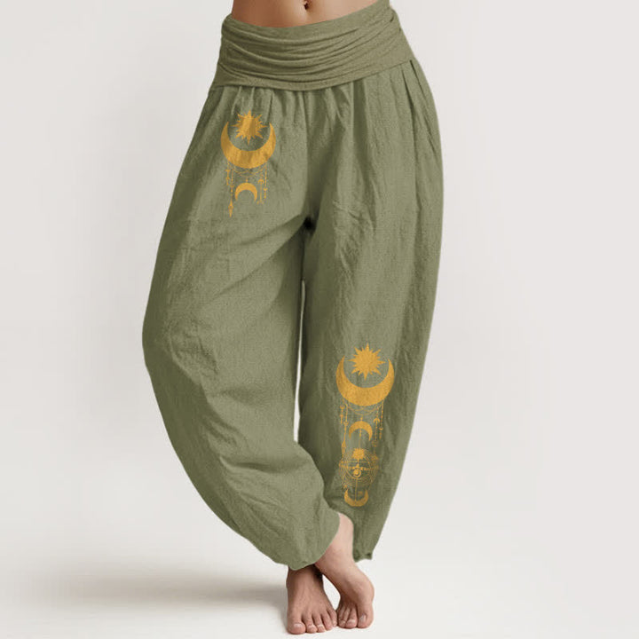 Buddha Stones Pantaloni harem da donna in puro cotone con motivo a mezzaluna dorata e stelle, con elastico in vita. - Verde oliva - US16, UK/AU20, EU48 (3XL) - image 11