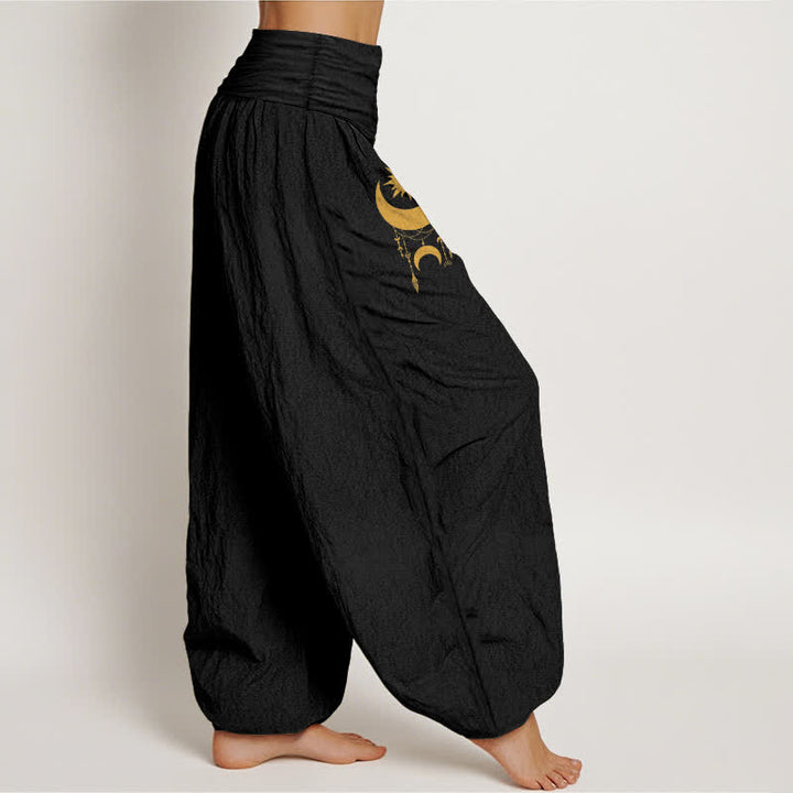 Buddha Stones Pantaloni harem da donna in puro cotone con motivo a mezzaluna dorata e stelle, con elastico in vita. - image 6