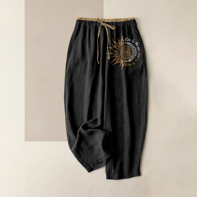 Buddha Stones Pantaloni da donna in puro cotone con elastico in vita e tasche, fantasia mandala sole e luna. - Nero - US16, UK/AU20, EU48 (3XL) - image 0