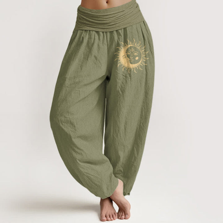 Buddha Stones Pantaloni harem da donna in puro cotone con motivo sole e luna dorati e vita elasticizzata. - Verde oliva - US16, UK/AU20, EU48 (3XL) - image 11