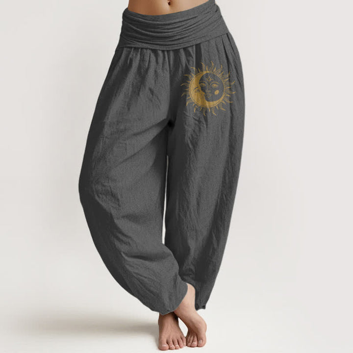 Buddha Stones Pantaloni harem da donna in puro cotone con motivo sole e luna dorati e vita elasticizzata. - Grigio tenue - US16, UK/AU20, EU48 (3XL) - image 5