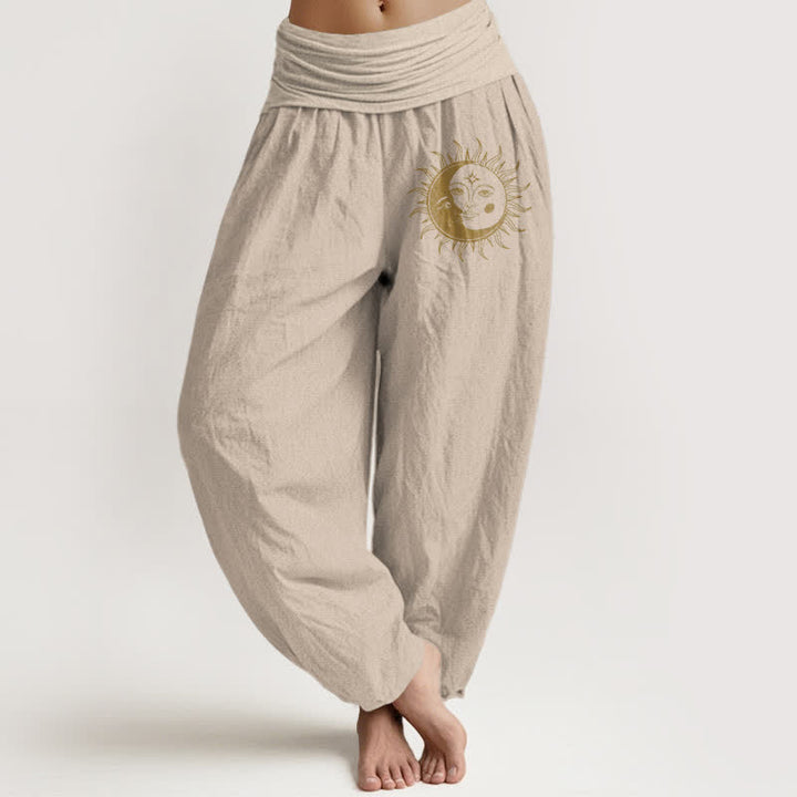 Buddha Stones Pantaloni harem da donna in puro cotone con motivo sole e luna dorati e vita elasticizzata. - Tan - US16, UK/AU20, EU48 (3XL) - image 14