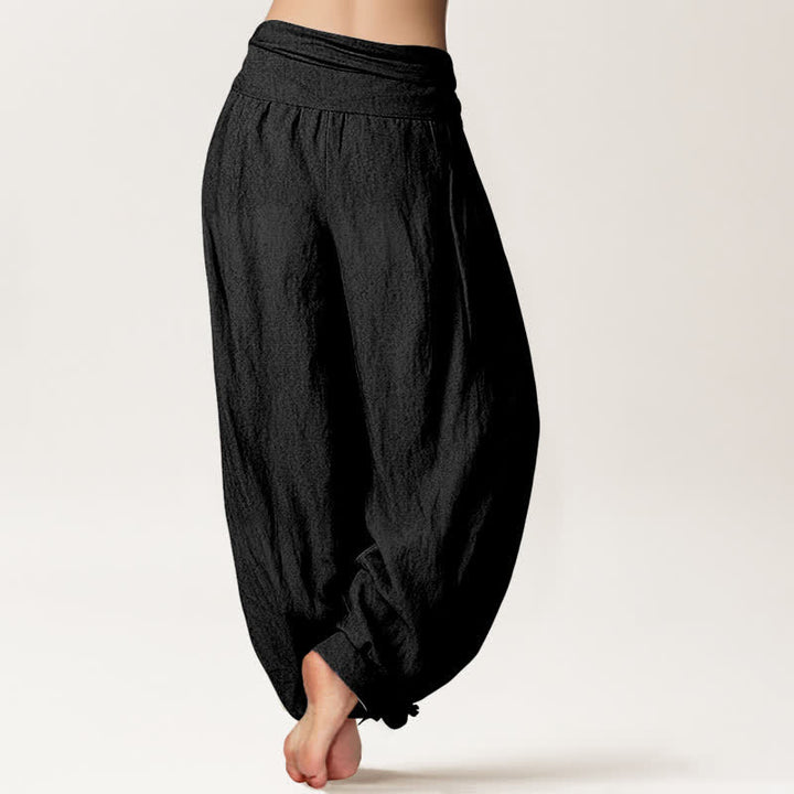 Buddha Stones Pantaloni harem da donna in puro cotone con motivo sole e luna dorati e vita elasticizzata. - image 2