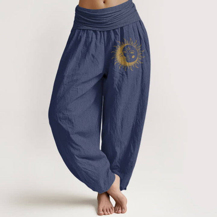 Buddha Stones Pantaloni harem da donna in puro cotone con motivo sole e luna dorati e vita elasticizzata. - Blu ardesia scuro - US16, UK/AU20, EU48 (3XL) - image 8