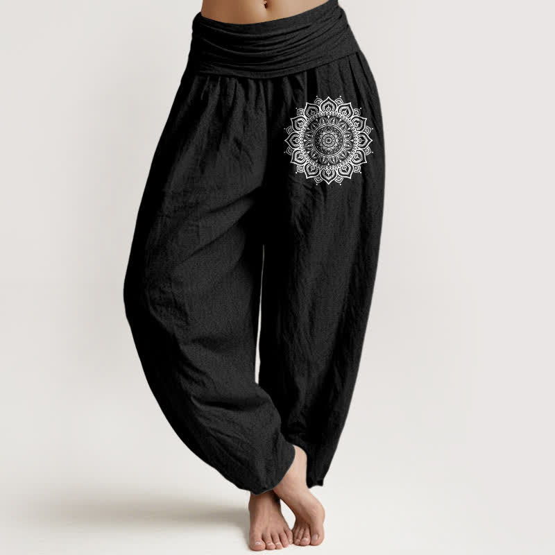 Buddha Stones Pantaloni harem da donna in puro cotone con motivo mandala e vita elasticizzata - Nero - US16, UK/AU20, EU48 (3XL) - image 5