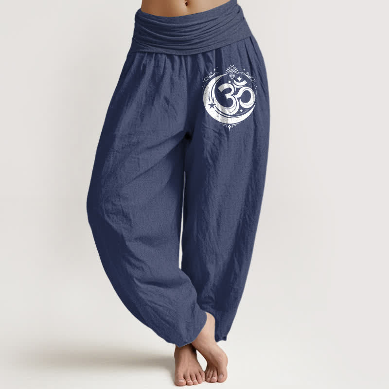 Buddha Stones Pantaloni harem da donna in puro cotone con motivo Om sacro e vita elasticizzata. - Blu ardesia scuro - US16, UK/AU20, EU48 (3XL) - image 8