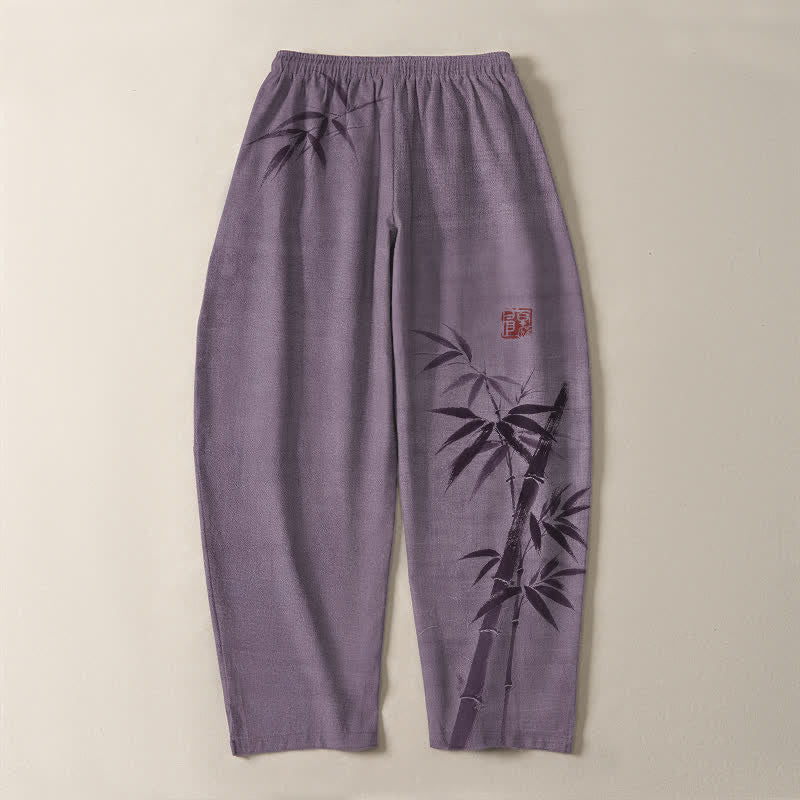 Buddha Stones Pantaloni da uomo affusolati con coulisse e tasche, in puro cotone, con stampa effetto bambù. - image 14