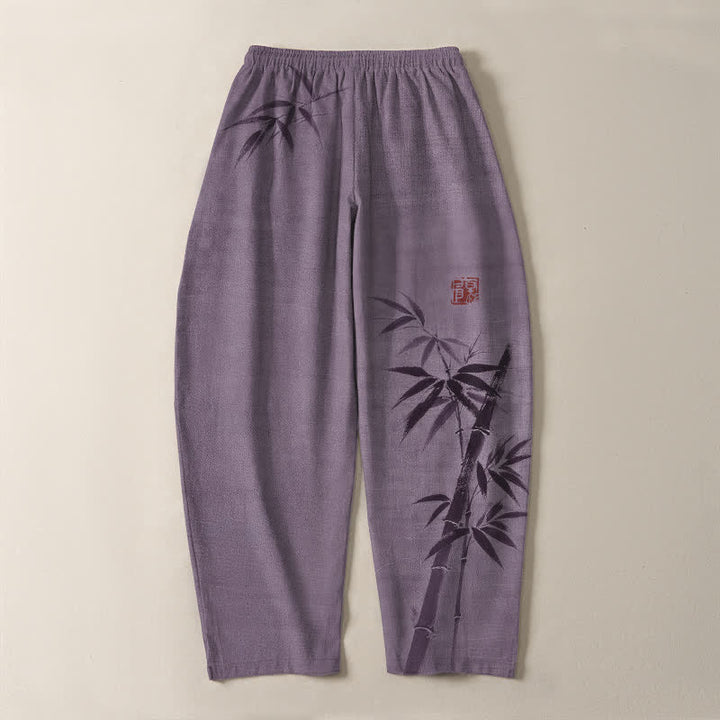 Buddha Stones Pantaloni da uomo affusolati con coulisse e tasche, in puro cotone, con stampa effetto bambù. - image 14