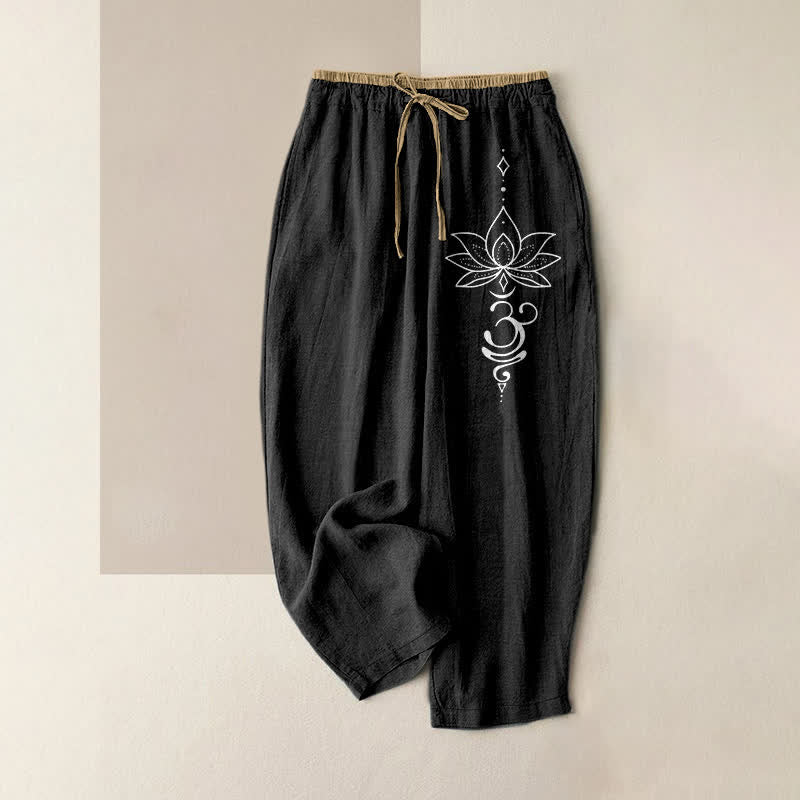 Buddha Stones Pantaloni da donna in puro cotone con elastico in vita e tasche, motivo Zen Lotus Om. - Nero - US16, UK/AU20, EU48 (3XL) - image 0